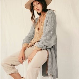 Free People Nightingale Cardi Cable Knit Open-Front Cardigan Silver Gleam